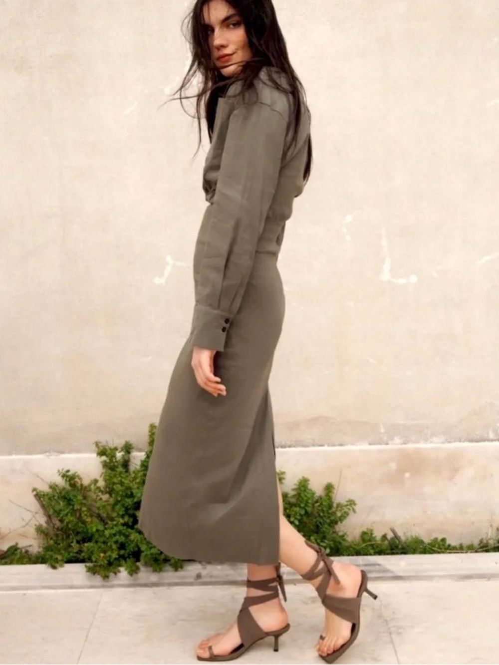 Zara Linen Blend Long Sleeves Ruched Gathered Details Dress‎ Khaki Size XL NWOT